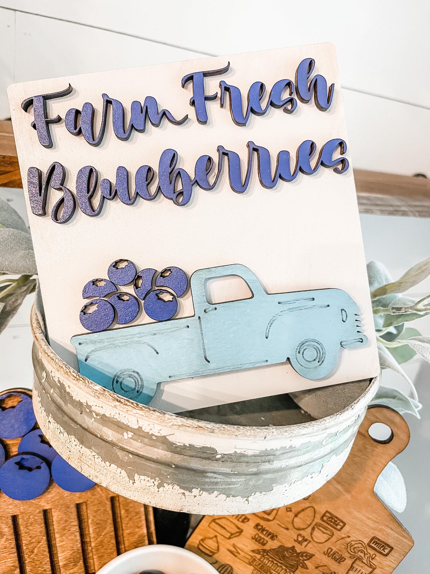 Farm Fresh Blueberries Tiered Tray - Farmhouse Blueberry Tiered Tray Signs - Blueberry Decor - Summer Tiered Trays - Fruit Tiered Tray Decor
