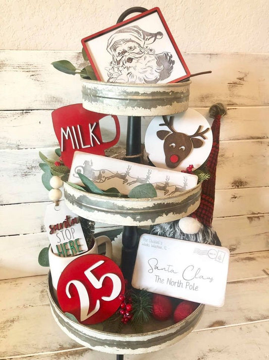 Classic Santa Tiered Tray Decor - Santa Tiered Tray - Letters to Santa - 3D  Tiered Tray Signs - Santa Stop Here - Wood Tiered Tray Signs