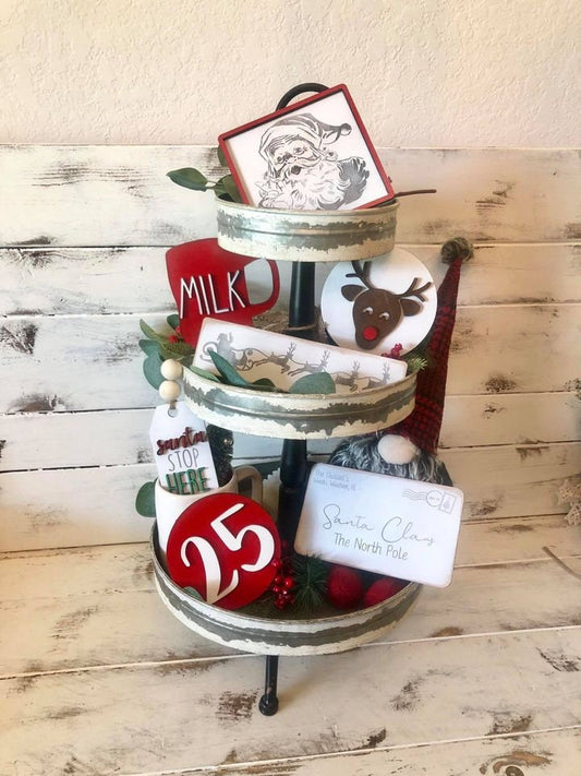 Classic Santa Tiered Tray Decor - Santa Tiered Tray - Letters to Santa - 3D  Tiered Tray Signs - Santa Stop Here - Wood Tiered Tray Signs