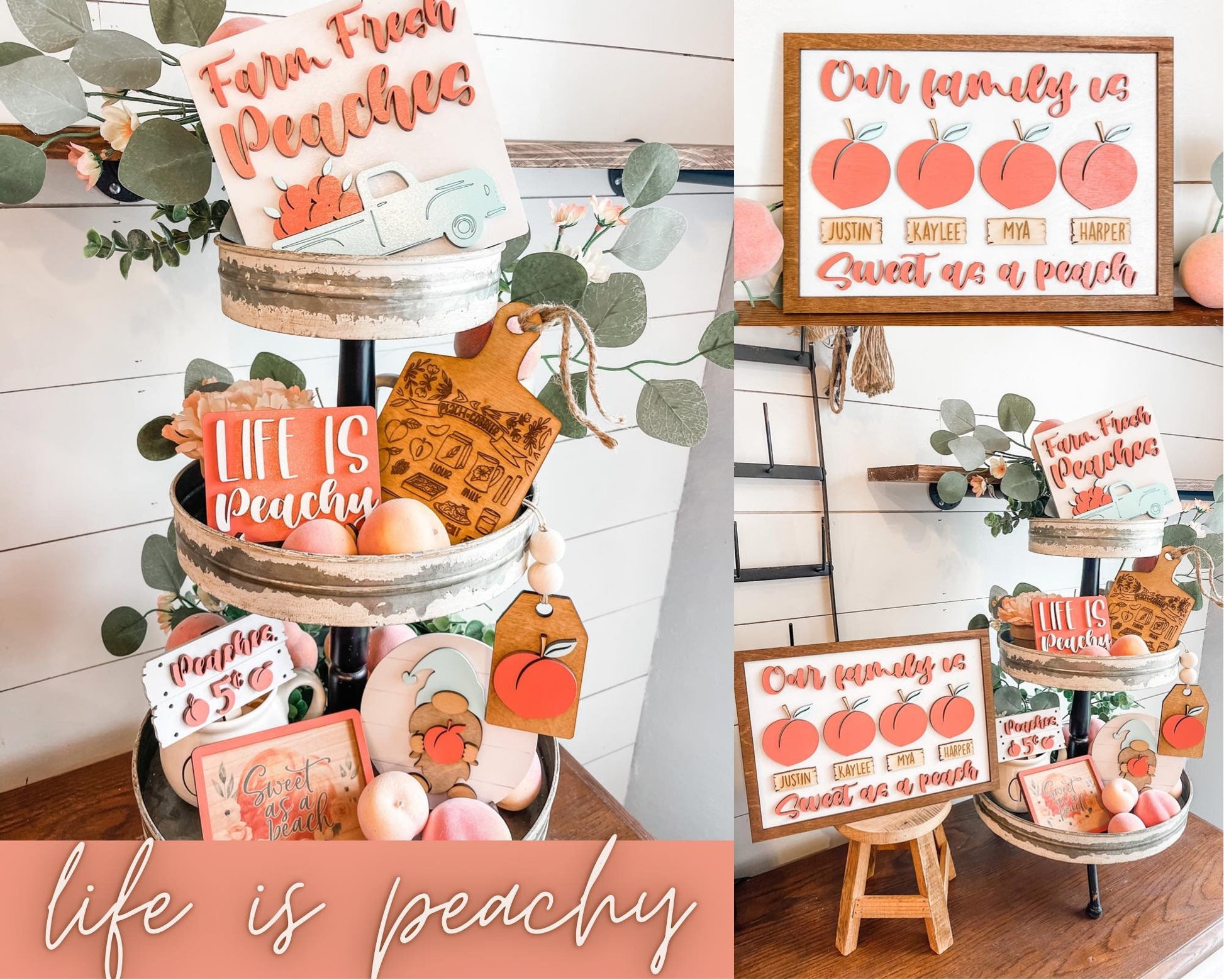 Our Family is sweet as a peach - Peach Decor - Personalized Peach Family Decor - Peach Signs - Peach Tiered Tray Signs - Peach Farmhouse