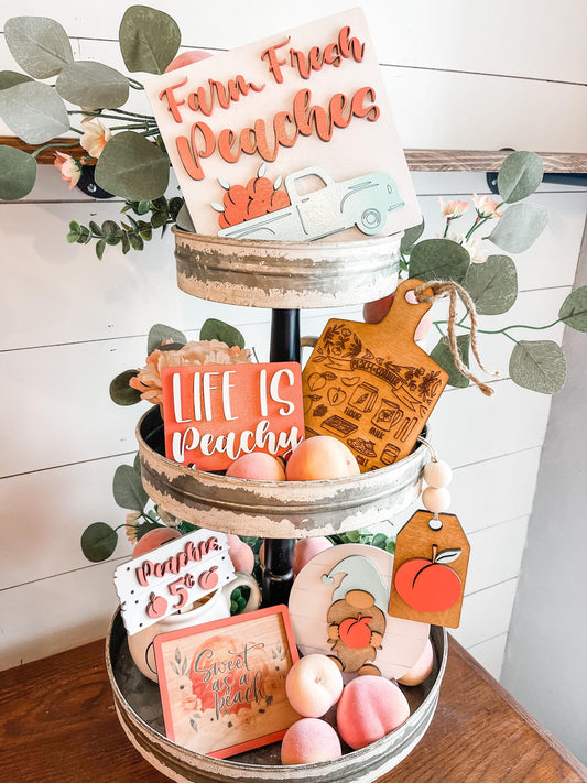 Farm Fresh Peaches - Peach Tiered Tray Decor - Life is Peachy Peach Tiered Tray Signs - 3D Peach Decor Signs - Peach Party Decorations