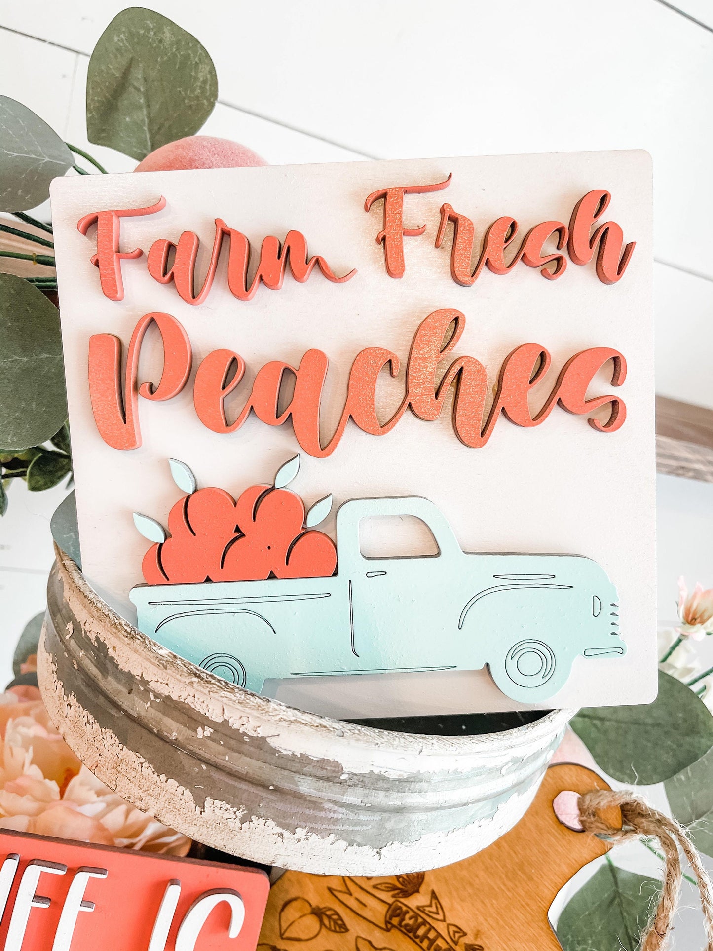 Farm Fresh Peaches - Peach Tiered Tray Decor - Life is Peachy Peach Tiered Tray Signs - 3D Peach Decor Signs - Peach Party Decorations