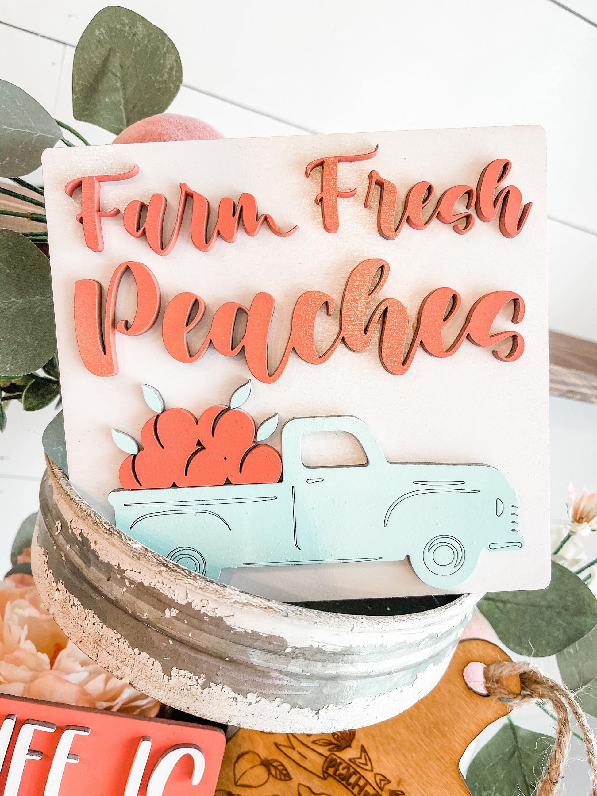 Farm Fresh Peaches - Peach Tiered Tray Decor - Life is Peachy Peach Tiered Tray Signs - 3D Peach Decor Signs - Peach Party Decorations