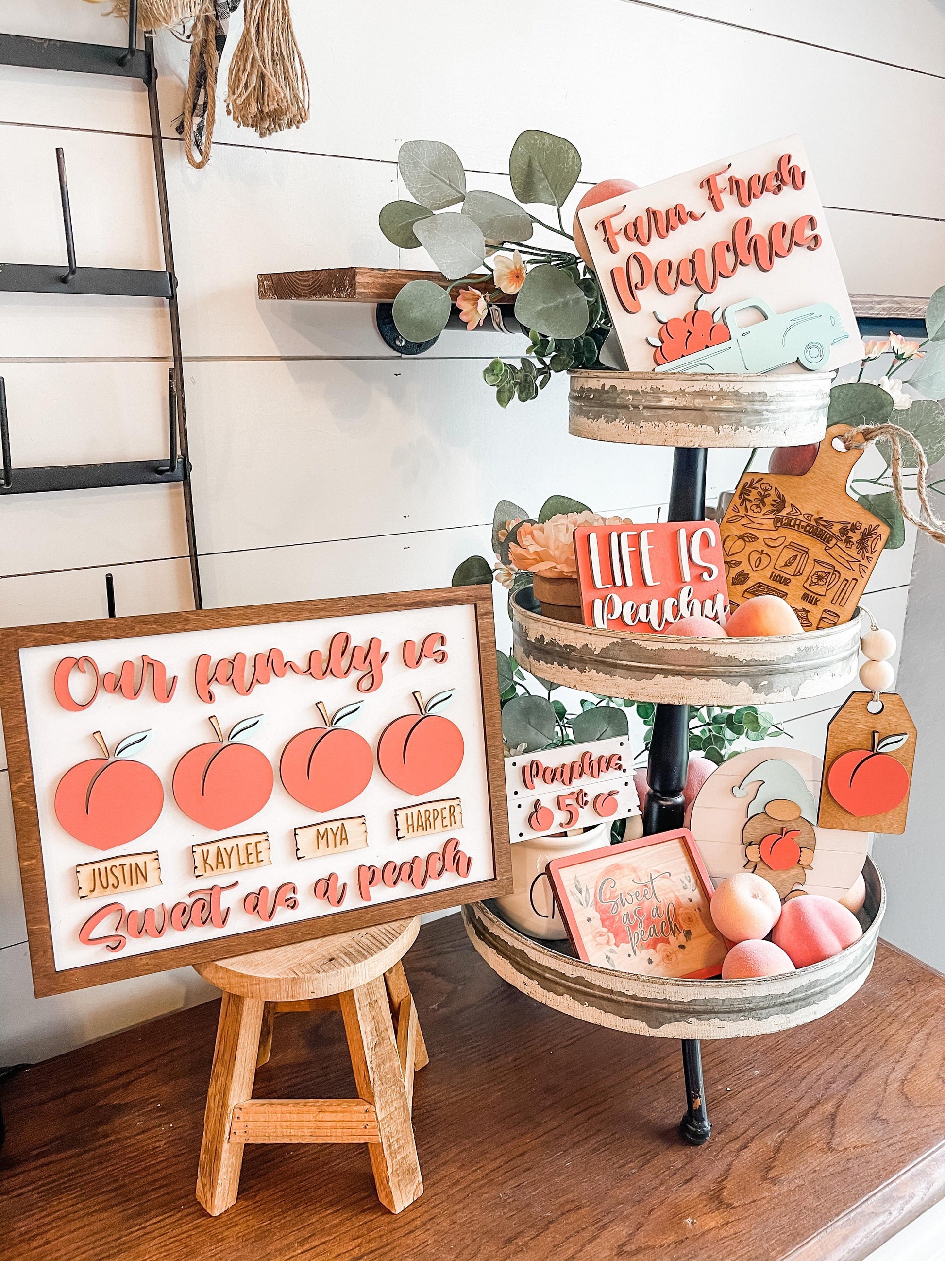 Farm Fresh Peaches - Peach Tiered Tray Decor - Life is Peachy Peach Tiered Tray Signs - 3D Peach Decor Signs - Peach Party Decorations
