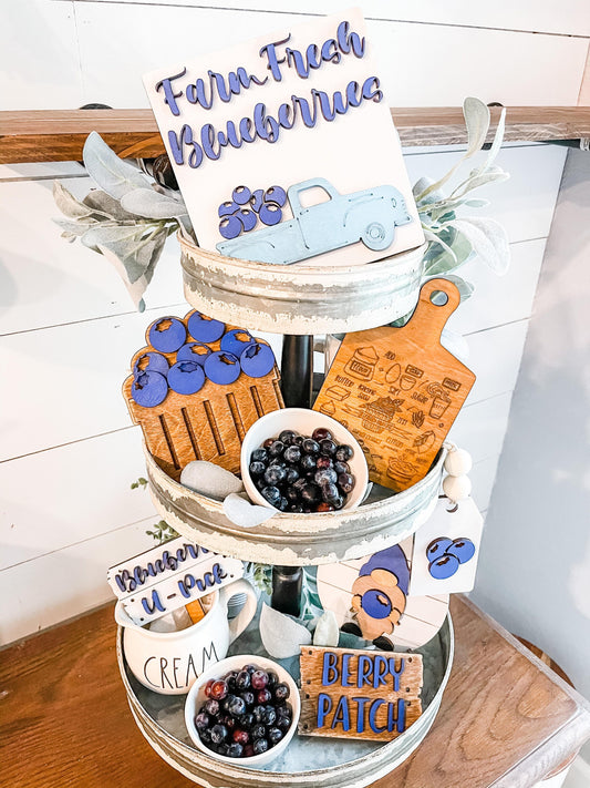 Farm Fresh Blueberries Tiered Tray - Farmhouse Blueberry Tiered Tray Signs - Blueberry Decor - Summer Tiered Trays - Fruit Tiered Tray Decor