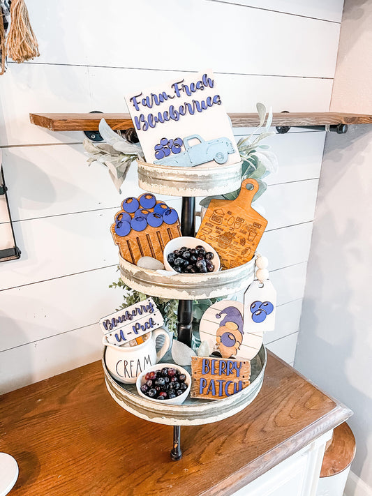 Farm Fresh Blueberries Tiered Tray - Farmhouse Blueberry Tiered Tray Signs - Blueberry Decor - Summer Tiered Trays - Fruit Tiered Tray Decor