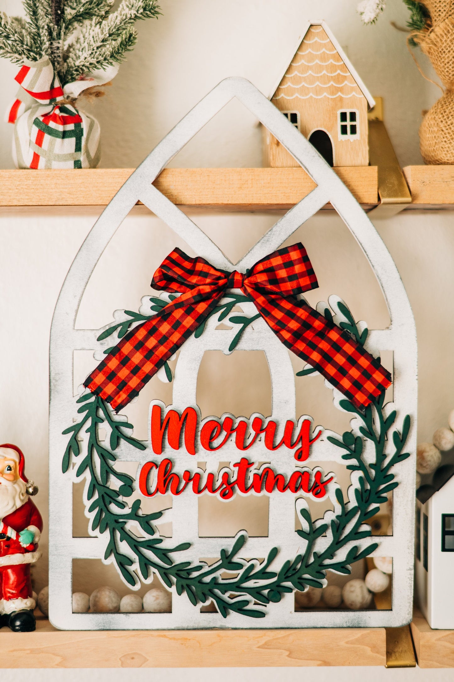 Window Frame Wall Decor, Cathedral Windows, Holiday Wreath, Farmhouse Christmas, Mom Christmas Gift from Daughter