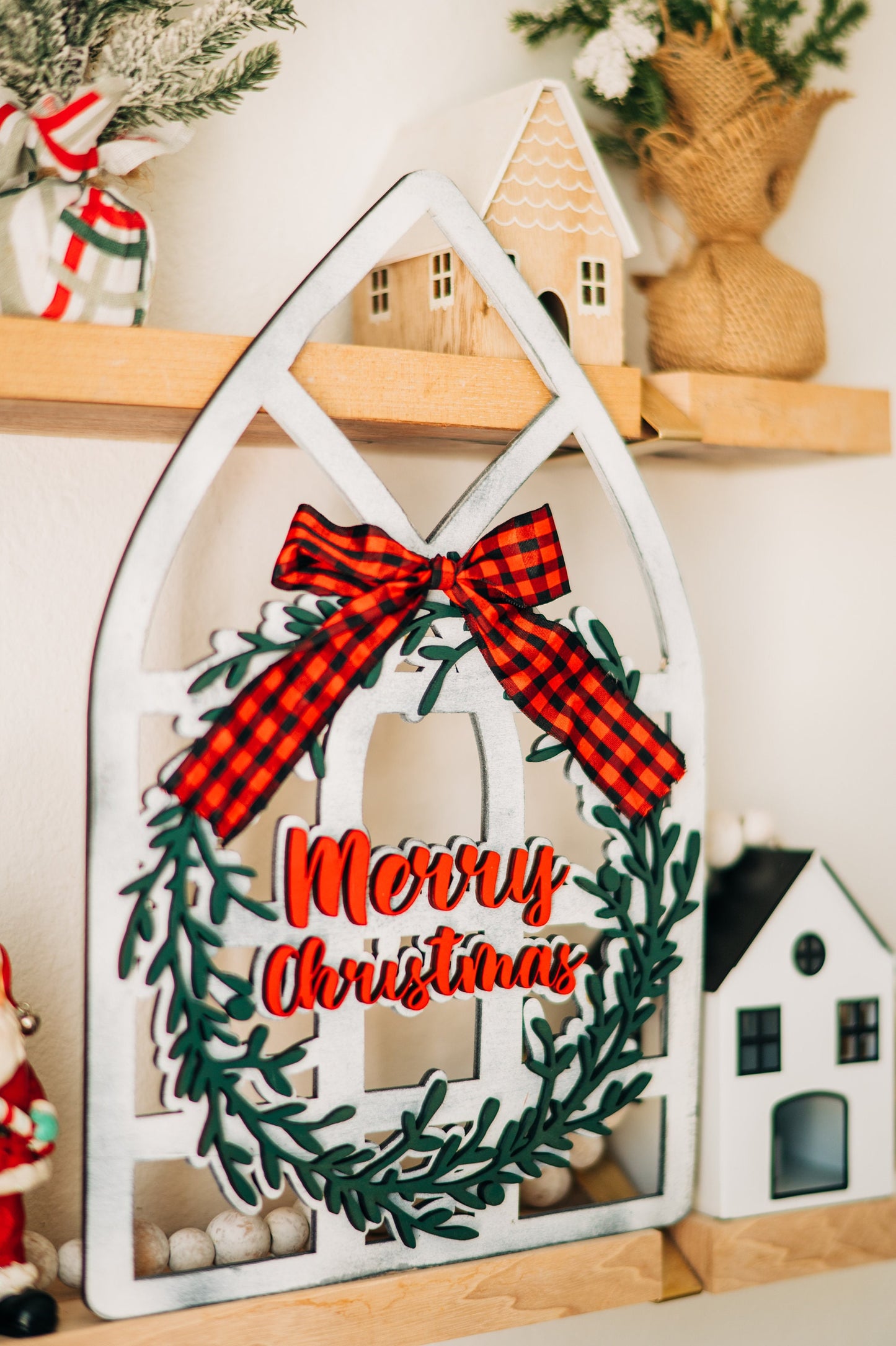 Window Frame Wall Decor, Cathedral Windows, Holiday Wreath, Farmhouse Christmas, Mom Christmas Gift from Daughter