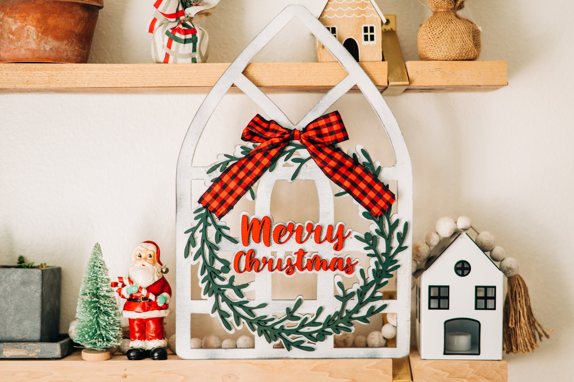 Window Frame Wall Decor, Cathedral Windows, Holiday Wreath, Farmhouse Christmas, Mom Christmas Gift from Daughter