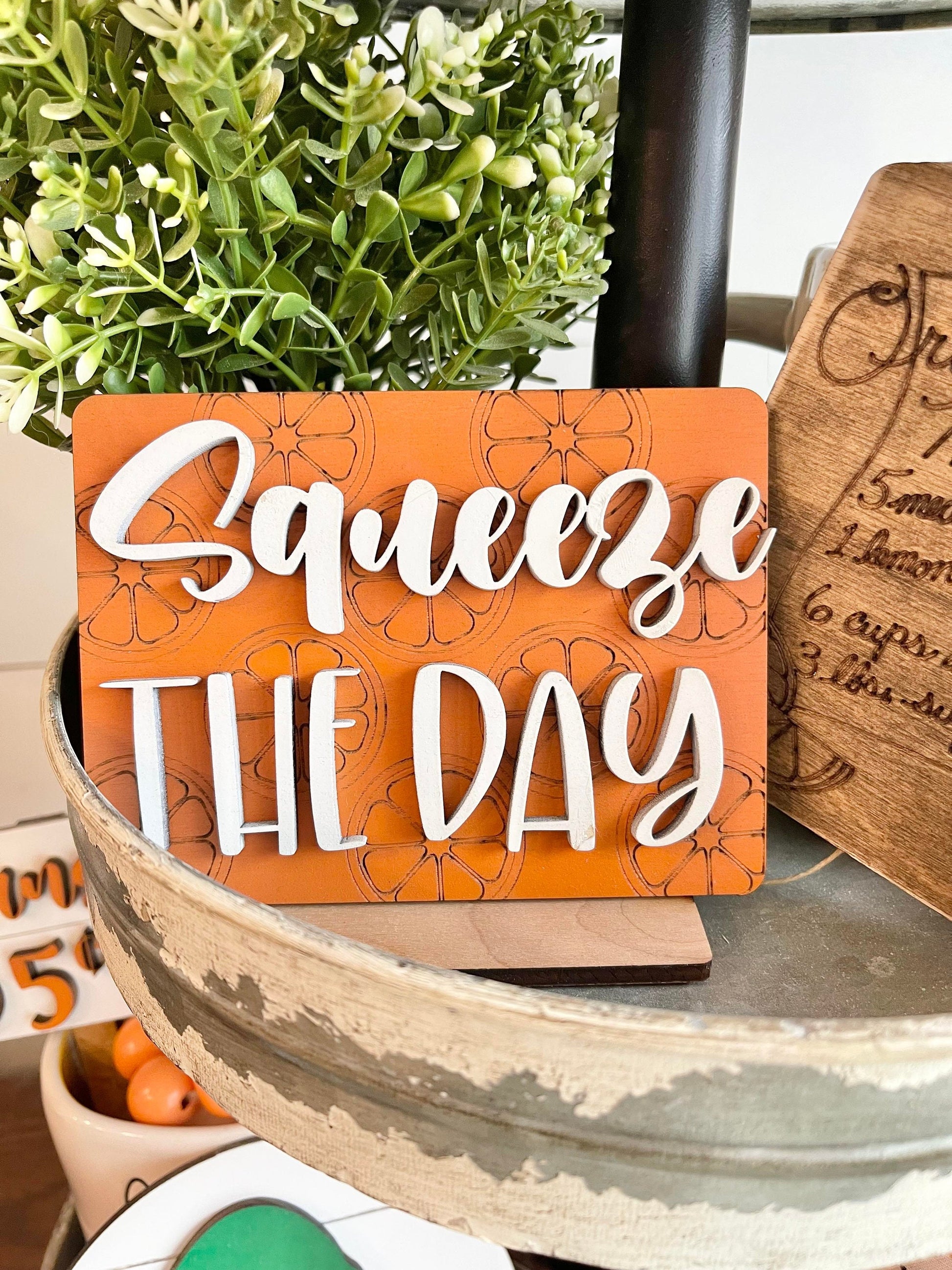 Orange Tiered Tray Signs - Orange Themed Tiered Tray - Squeeze the day signs - Florida Tiered Tray -  Summer Tiered Tray