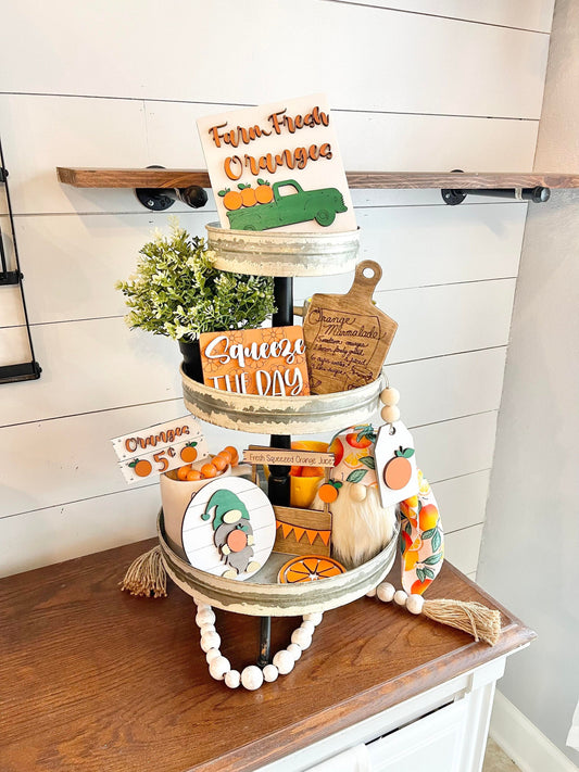 Orange Tiered Tray Signs - Orange Themed Tiered Tray - Squeeze the day signs - Florida Tiered Tray -  Summer Tiered Tray