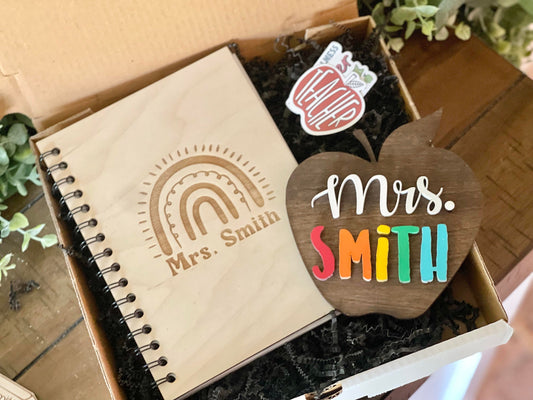 Teacher Gift Set - Personalized Desktop Teacher Apple Sign - Personalized Teacher Notebook - Gifts for Teachers Teacher Gift - Teacher Box