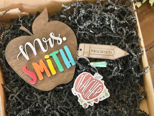 Teacher Gift Set - Personalized Desktop Teacher Apple Sign - Personalized Teacher Keychain - Gifts for Teachers Teacher Gift - Teacher Box